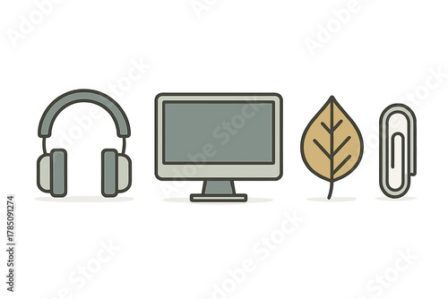 Set of simple icons including headphones, monitor, leaf, and paperclip