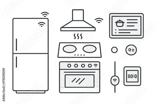 Outline icons set for connected smart kitchen appliances and home automation