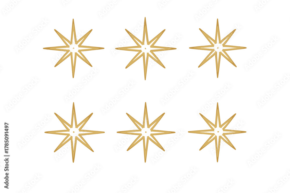 Fototapeta premium Six stylized golden eight-pointed starburst ornaments in a set