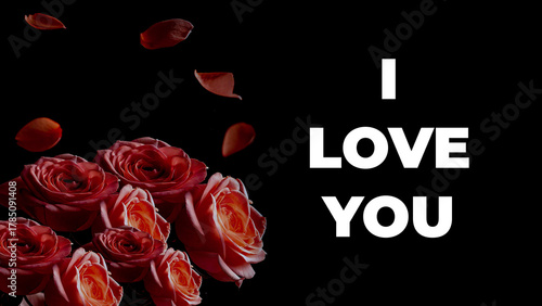 Romantic I Love You Roses and Petals on Black Background Design
