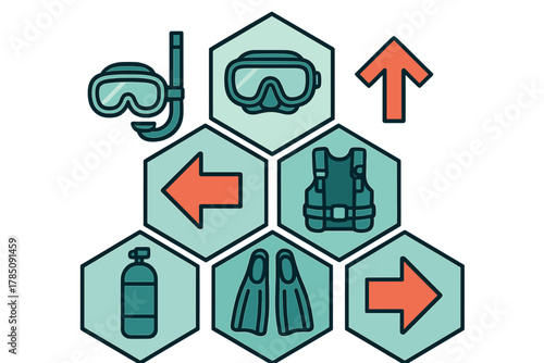 Scuba diving equipment and directional navigation icons set