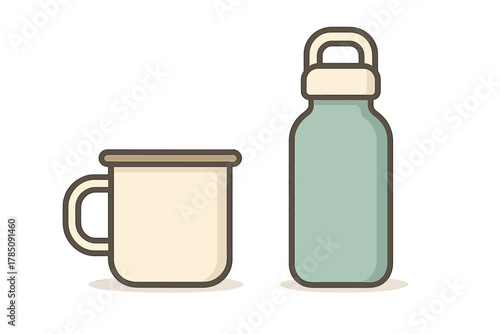 Enamel camping mug and reusable water bottle set isolated on white background