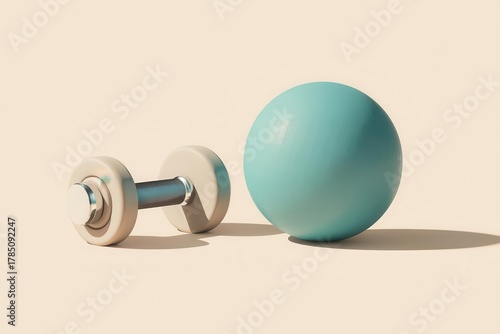 Minimalist Fitness Equipment Dumbbell and Blue Sphere Design