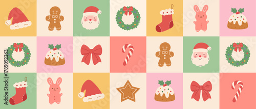 Vintage Christmas seamless pattern with hand-drawn festive elements—red bows, pudding,socks,gingerbread,candy canes, toys, Santa,Santa's hat, and wreaths. A modern Xmas vector mosaic background design