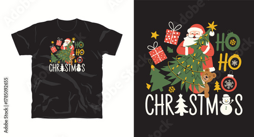 Greeting card with santa claus bear gift and tree vector illustration for sublimation printing t shirt template design exactly two hundred characters