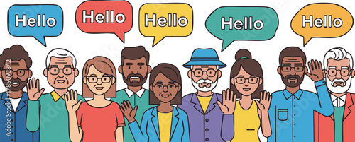 Diverse group of people greeting each other with Hello speech bubbles vector illustration