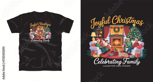 Joyful family celebrating festive occasion t shirt design showcasing cozy interior scene with fireplace decorated tree and laughing people offering seasonal cheer and togetherness in apparel