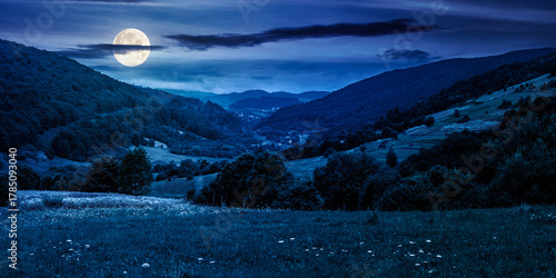 panoramic rural landscape with village in mountains at night. beautiful countryside behind the agricultural field on hillside in full moon light. background for investment or abstract concepts