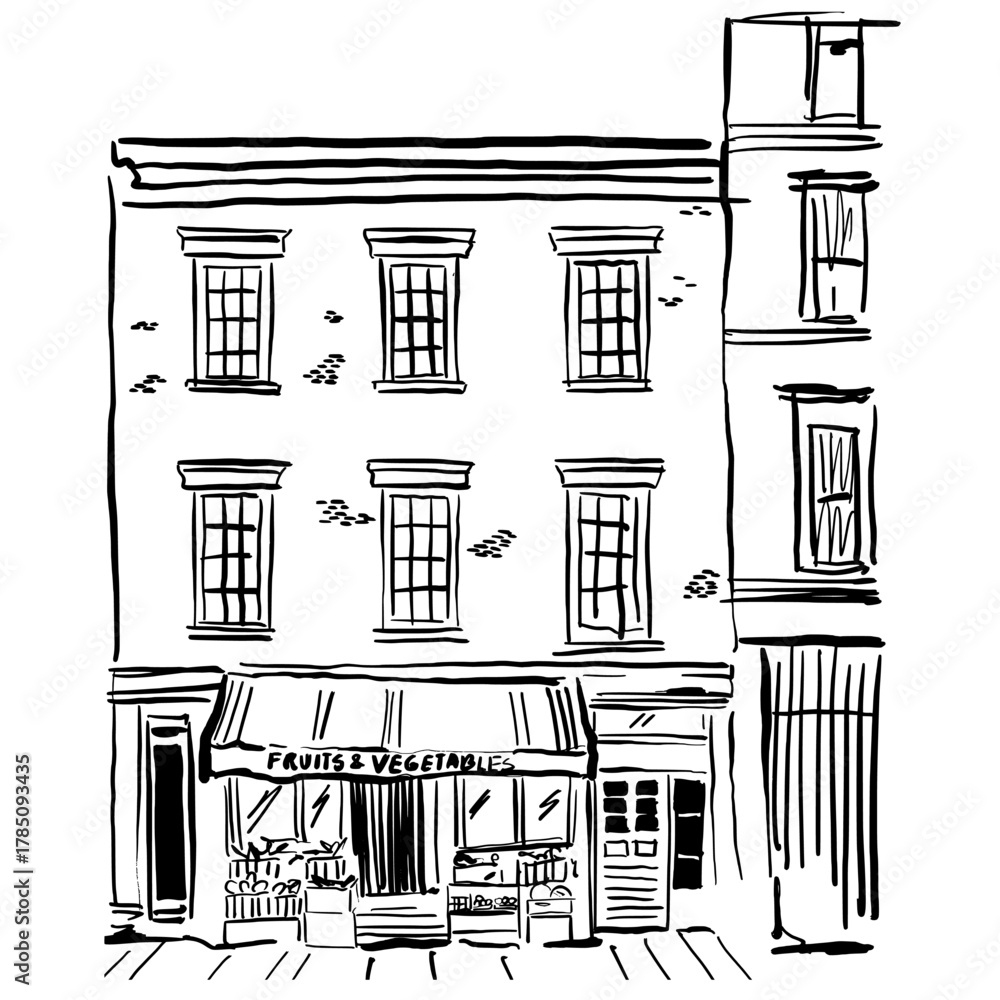 Obraz premium VEctor illustration of the old part of a city with brick midrises and small shops at ground level