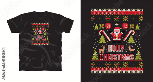Winter holiday design featuring knitted ornament santa character reindeer and text saying holly season creating cozy atmosphere for apparel or textile design vector graphic