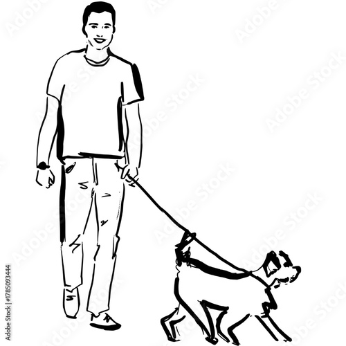 Vector line drawing of a young man walking his dog.
Hand drawn ink illustration vectorized