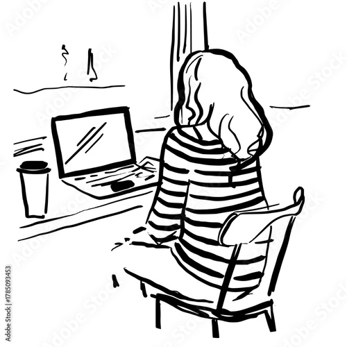  Vector line drawing of a young woman working on her laptop in a cafe. hand drawn ink illustration of a girl studying in a coffee shop vectorized