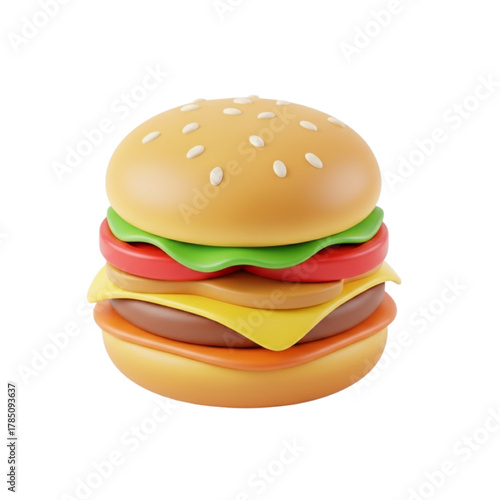 A 3D rendered illustration of a classic cheeseburger with lettuce, tomato, and cheese layers against a white background