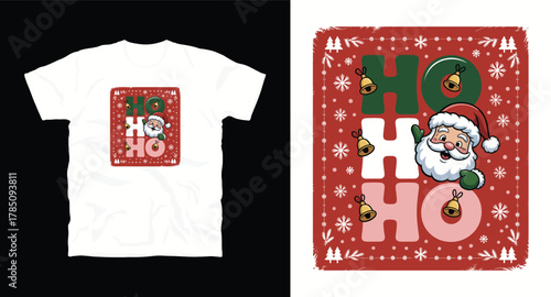 Cute Santa Claus Character with Ho Ho Ho Text in Block Letters and Festive Holiday Season Ornaments Vector Illustration Isolated on White Background