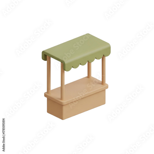 Isometric market stall or kiosk for selling goods, featuring a simple design with a light brown base and a scalloped green awning, presented in 3D rendering