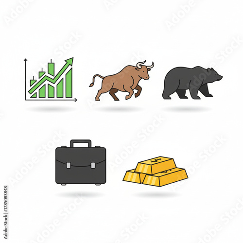 A collection of financial trading concept icons featuring a bull market chart, a bear symbol, a business portfolio, and gold assets