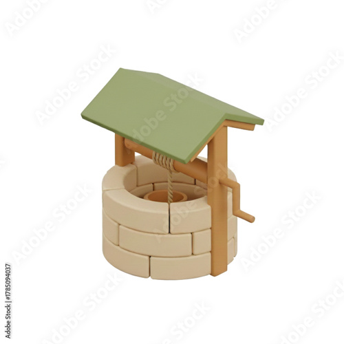 A charming and rustic stone well with a green roof, featuring a wooden crank and bucket, perfect for garden or rural scenes