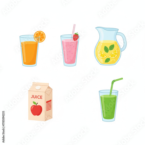 Fresh and Healthy Fruit Juices and Smoothies in Various Glasses and a Pitcher