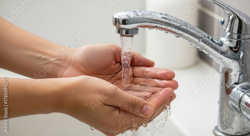 Hands under a stream of pure fresh water from a faucet. World Water Day, environmental protection concept. Sustainable use of natural resources banner.