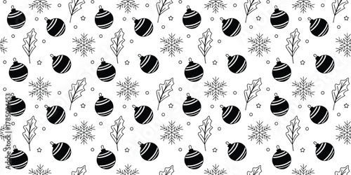 Seamless Black and White Christmas Ornament Pattern with Snowflakes and Holly Leaves, Minimal Festive Holiday Background Design for Wrapping Paper, Fabric, and Winter Decor