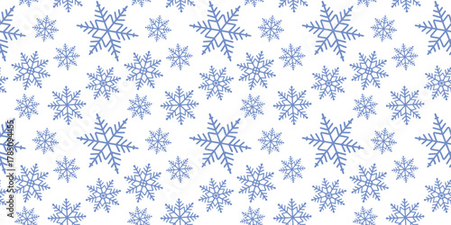 Seamless Blue Snowflake Pattern on White Background, Winter Holiday Frost Texture Design, Decorative Ice Crystal Wallpaper for Christmas, Seasonal Fabric, Gift Wrap, and Greeting Cards