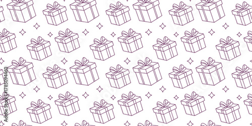 Seamless holiday pattern featuring hand-drawn gift boxes and stars in minimalist line art style. Perfect for Christmas wrapping paper, packaging, fabric, and festive backgrounds. Elegant and cheerful 