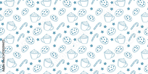 Seamless winter pattern with hot cocoa, cookies, and candy canes in hand-drawn doodle style  holiday design perfect for Christmas wrapping paper, fabric, and festive backgrounds. Warm and 