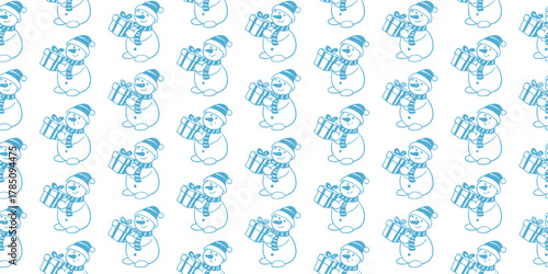 Cute snowman holding a gift in a seamless holiday pattern. Festive winter illustration perfect for wrapping paper, textiles, and seasonal designs. Cheerful cartoon motif for joyful Christmas 