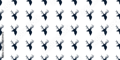 Minimal deer head silhouette pattern for modern winter designs. Seamless repeating stag motif ideal for textiles, packaging, and decor. Clean monochrome animal artwork for stylish backgrounds.