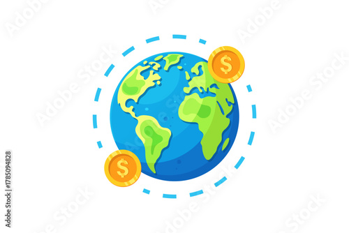 Vector illustration of the Global Economy Concept, showing the Earth surrounded by a blue dotted orbit with gold coins, symbolizing global finance, investment, and monetary exchange across continents.