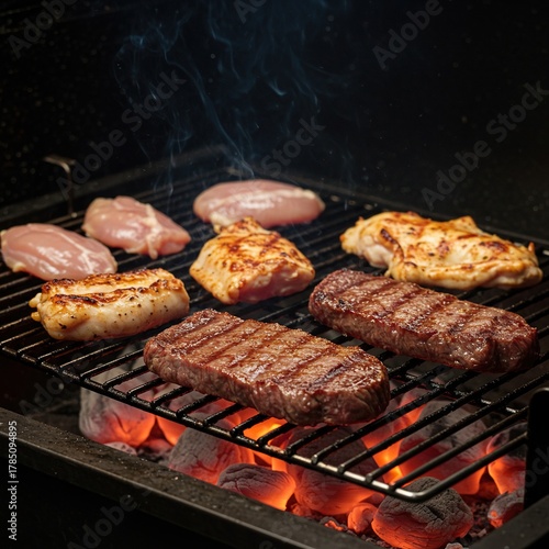 Succulent cuts of beef and various poultry items searing slowly over glowing red hot charcoal briquettes on an outdoor grill ,delicious ,corn ,grate