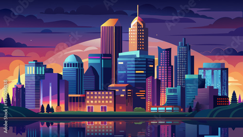 Very beautiful downtown skyline of Minneapolis, Minnesota, USA at dusk, featuring illuminated skyscrapers, soft twilight colors, reflective building surfaces, and a realistic vibrant urban evening atm