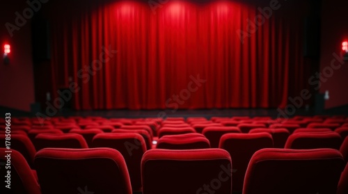 Crimson Stage: a dramatic visual, focusing on red theater seating facing a closed, red curtain in an auditorium ready for a performance. Evokes a sense of anticipation and the allure of show business.