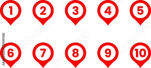 Numbered Location Pins Icons – Map, GPS, Navigation, Vector
