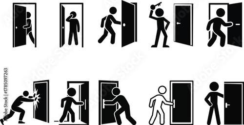 Access, entry, exit, open, close, break door stick figure set