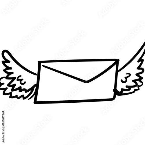 Doodle-style illustration of a winged letter, representing speedy messaging, airmail, and correspondence