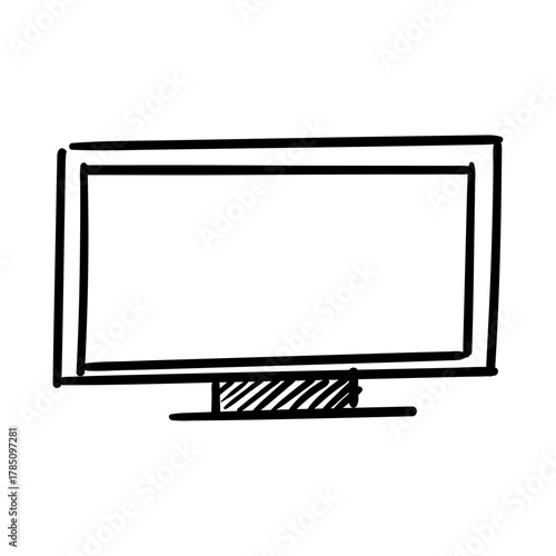 Modern flat-screen television display icon with a simple stand, black and white sketch