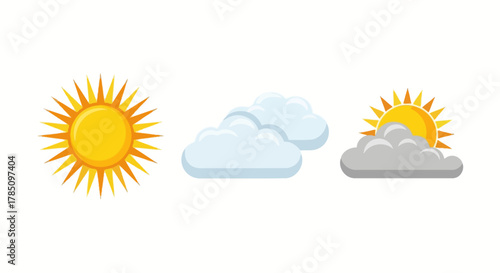 a bright sun partially hidden clouds and clear sky icons, vector illustration Isolated on white background
