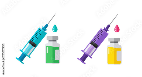 medical syringes and vials with blue green and red liquid, vector illustration Isolated on white background