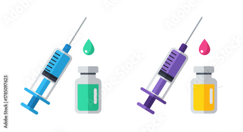 medical syringes and vials with colorful liquids