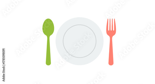a simple illustration featuring a plate spoon and fork arranged neatly, vector illustration Isolated on white background