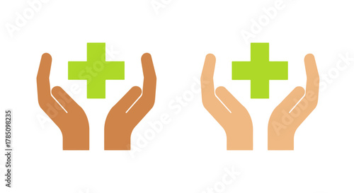 hands holding green crosses symbolizing health care and medical support, vector illustration Isolated on white background