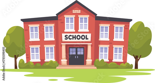 Cartoon school building illustration, educational architecture, red brick design, white windows, green bushes, entrance view, learning place, kids environment, daytime