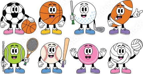 Cartoon sports balls, animated characters, playful design, kids illustration, fun equipment, mascot concept, colorful style, athletic theme, smiling faces, variety