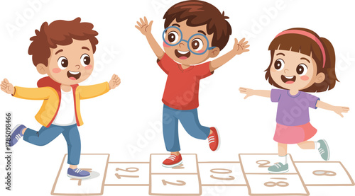 Children playing hopscotch, outdoor activity, fun game, physical movement, numbered squares, childhood joy, cartoon style, schoolyard, exercise, interaction
