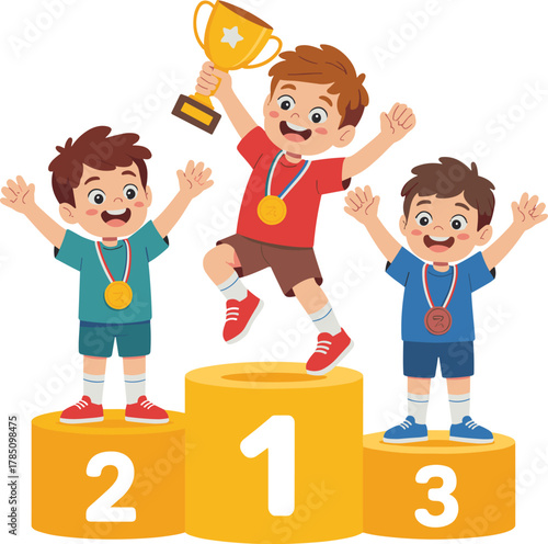 Children podium, sports celebration, victory moment, medal winners, trophy ceremony, competition success, joyful kids, cartoon style, achievement, festive illustration