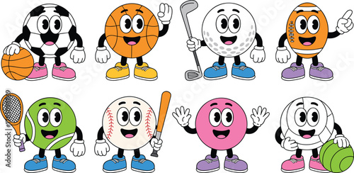 Cartoon sports balls, animated characters, playful design, kids illustration, fun equipment, mascot concept, colorful style, athletic theme, smiling faces, variety