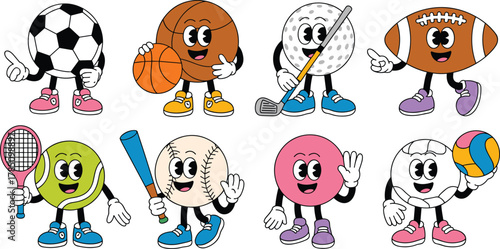 Cartoon sports characters, animated balls, playful design, kids illustration, fun poses, athletic theme, colorful style, mascot concept, cheerful expression, variety
