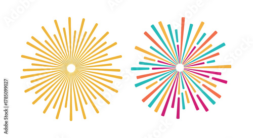 two vibrant fireworks explode in night sky with colorful sparks, vector illustration Isolated on white background