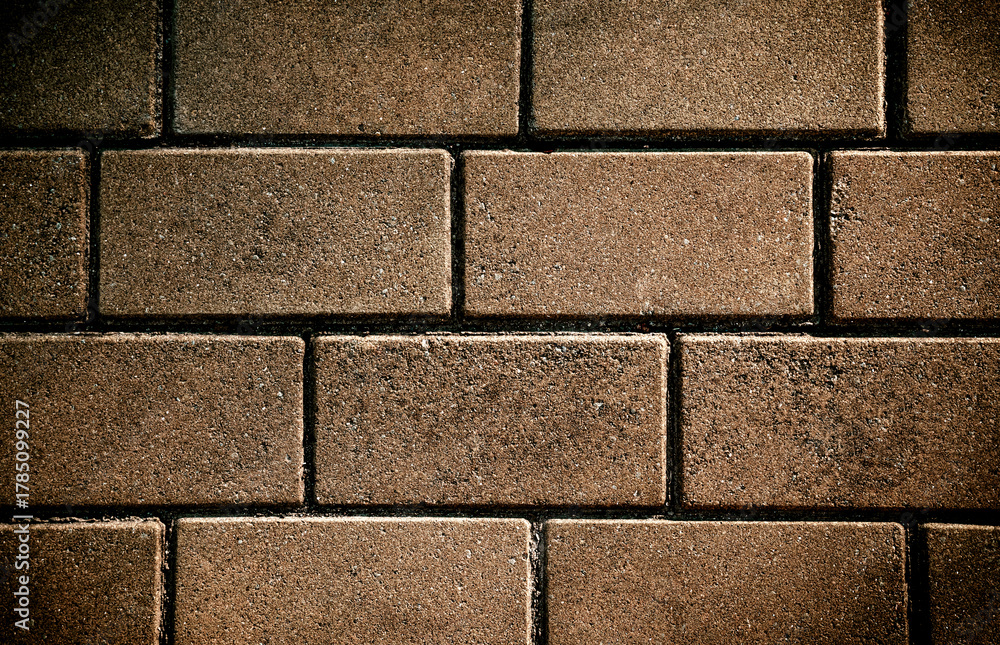Fototapeta premium Brown stone pavement with textured rectangular tiles. Natural background. Close-up.